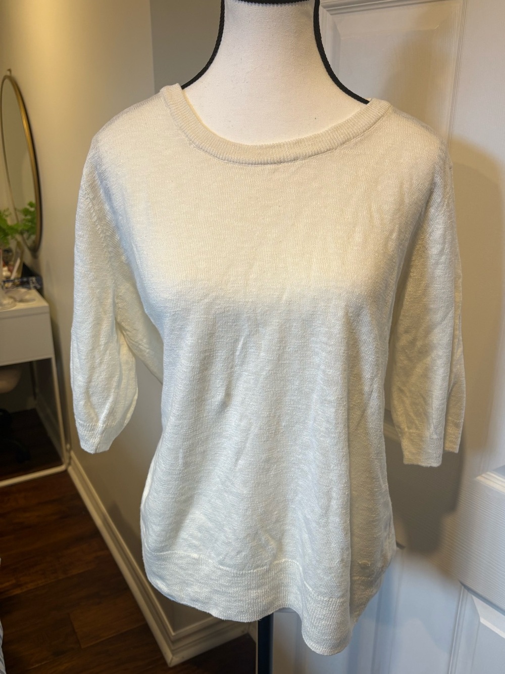 Cream Linen Cotton Knit Top Size L Ivory Lightweight 3/4 Sleeve